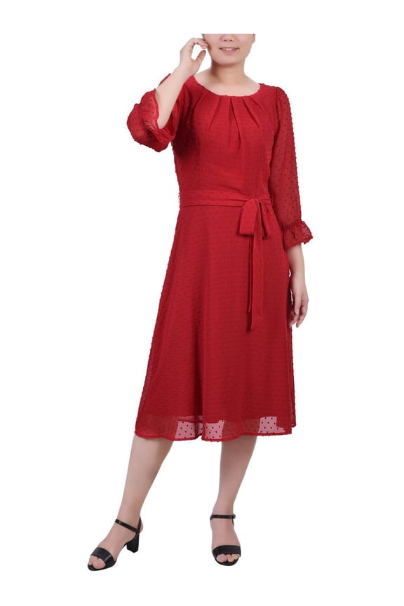 Womens Petites Swiss Dot Knee-Length Midi Dress