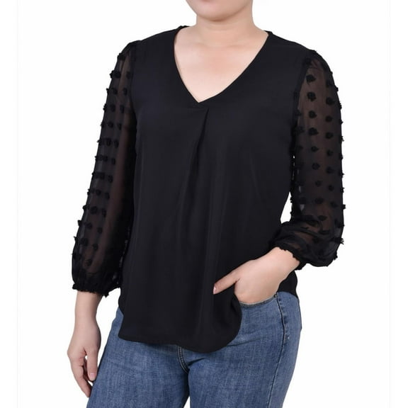 NY Collection Womens V Neck Chiffon Tunic Blouse, Black, Petite, PL