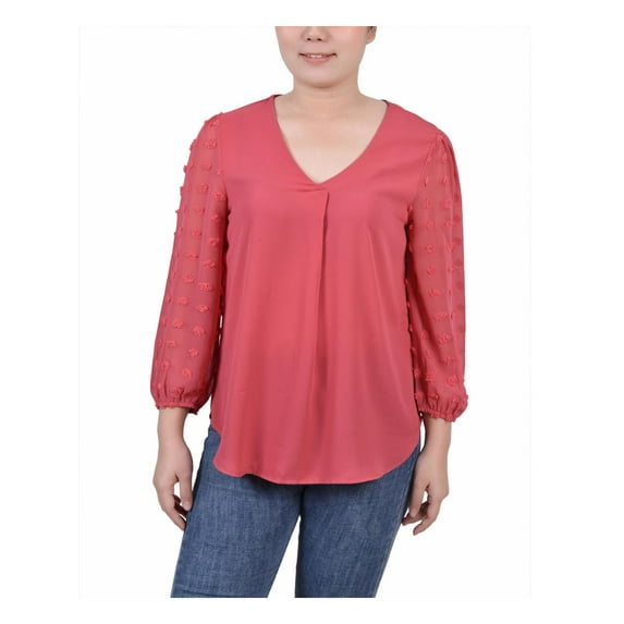 NY Collection Womens Petites Swiss Dot V-Neck Blouse