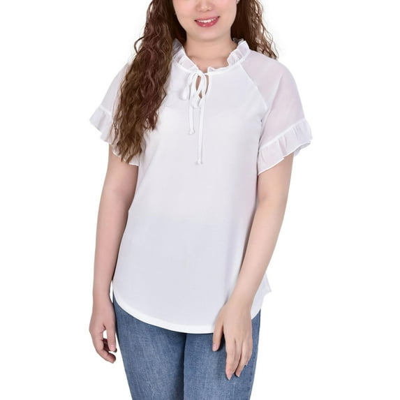NY Collection Womens Petites Tie-Neck Sheer Sleeves Blouse