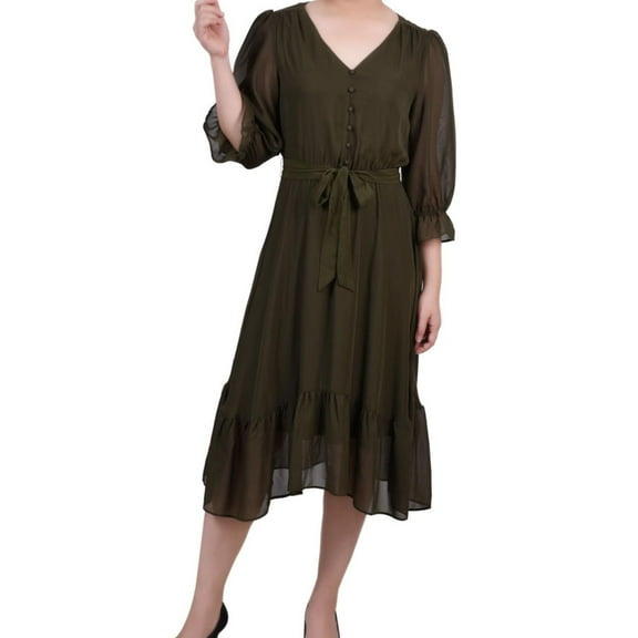 NY Collection Womens V Neck Back Keyhole Midi Dress, Green, Petite, P/PS