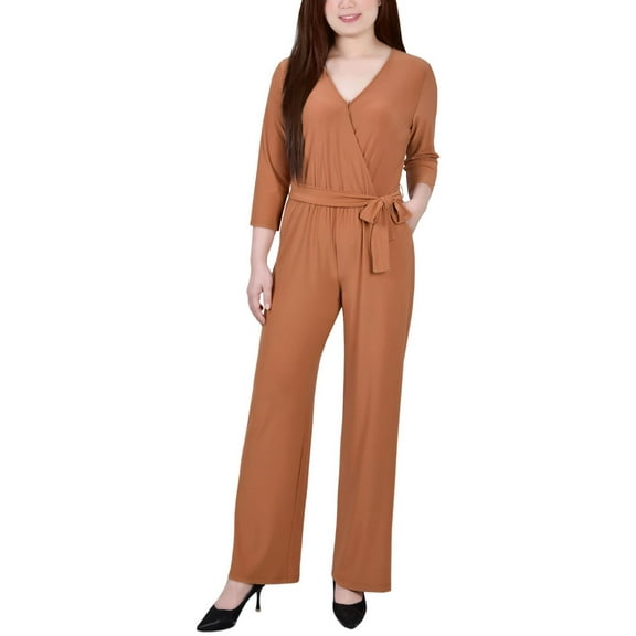 NY Collection Womens Petites V-Neck Belted Jumpsuit