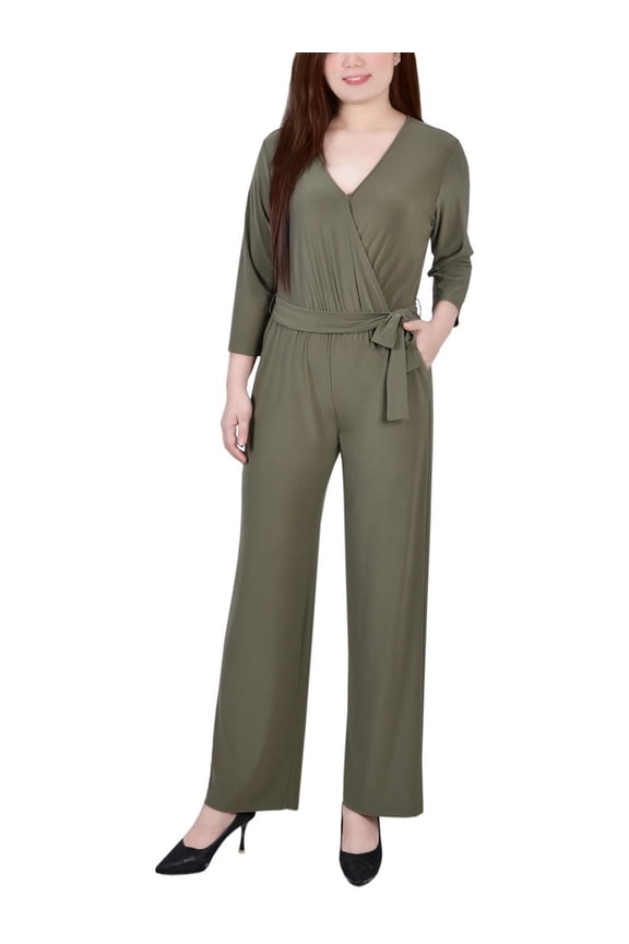 Womens Petites V-Neck Belted Jumpsuit