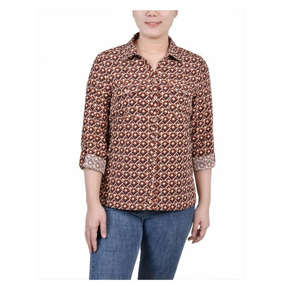 NY Collection Womens Petites V-Neck Button-Down Blouse