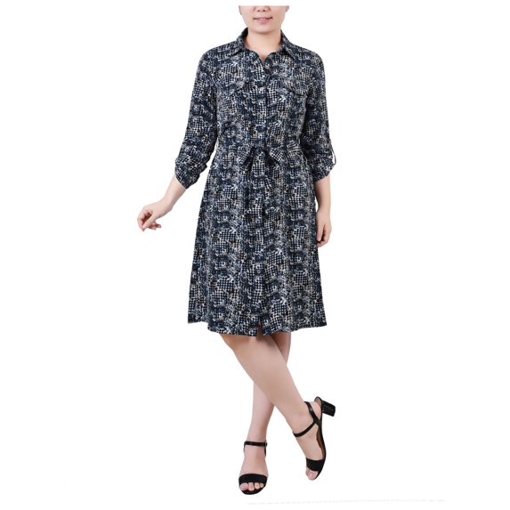 NY Collection Womens Petites Woven Animal Print Shirtdress