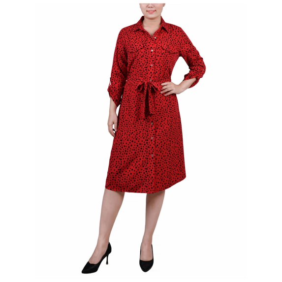 NY Collection Womens Petites Woven Printed Shirtdress