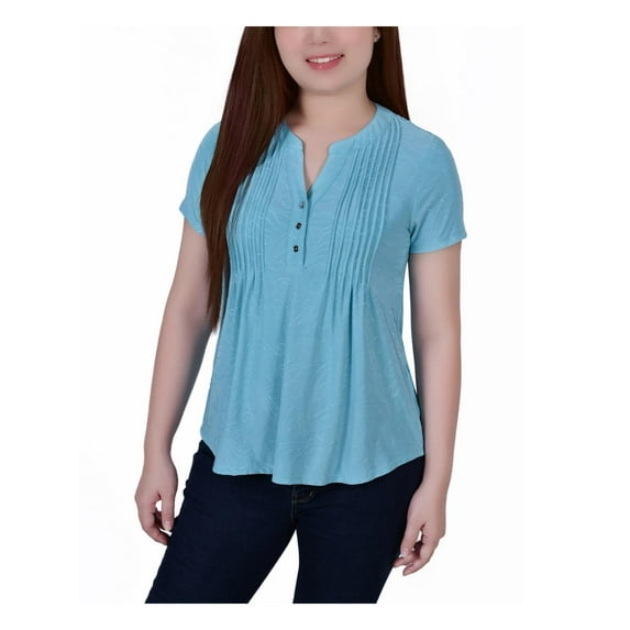 NY Collection Womens Petites Y-Neck Jacquard Blouse