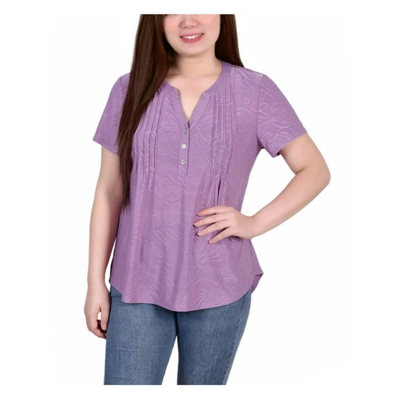 NY Collection Womens Petites Y-Neck Jacquard Blouse