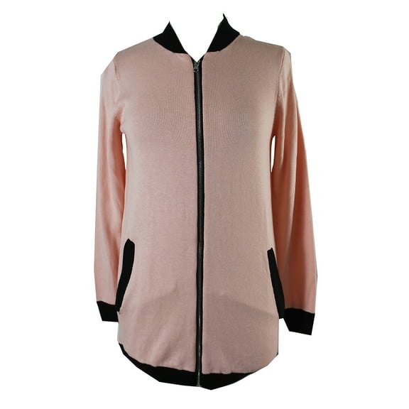 NY Collection Womens Pink Black Trim Long Bomber Sweater Jacket S