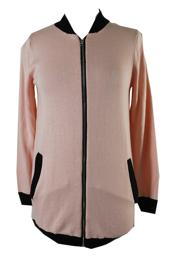 Womens Pink Black Trim Long Bomber Sweater Jacket S