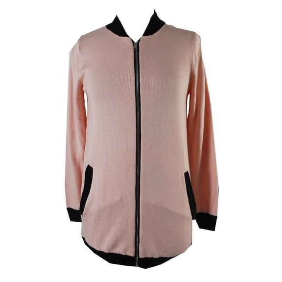 NY Collection Womens Pink Black Trim Long Bomber Sweater Jacket XS