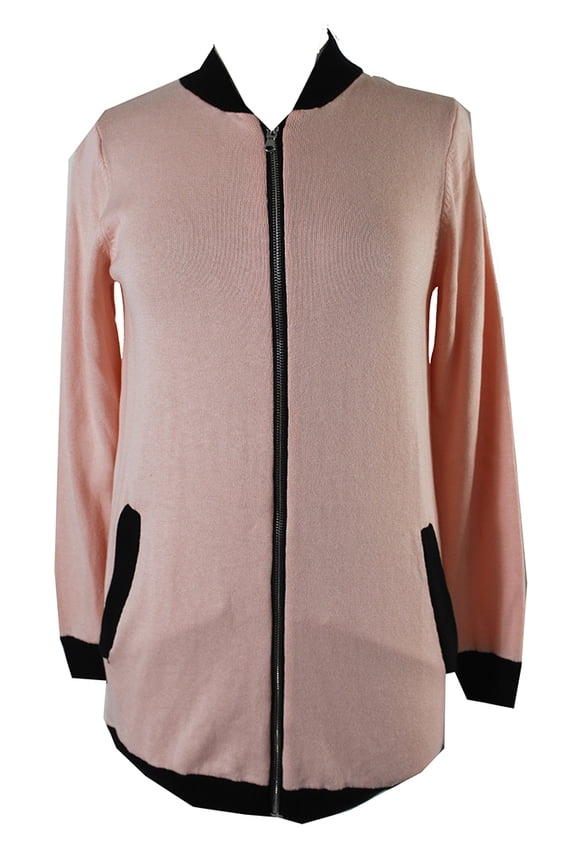 Womens Pink Black Trim Long Bomber Sweater Jacket XS