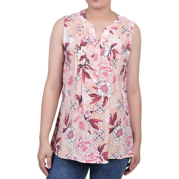 NY Collection Womens Pintucked Sleeveless Blouse Top, Multicoloured, Large
