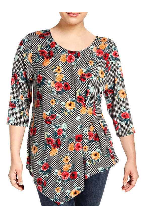 Womens Plus 3/4 Sleeves Ruched Blouse B/W 2X