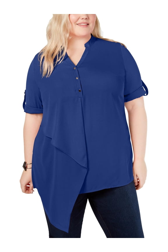 Plus Size Asymmetrical  V-Neck Blouse Blue 2X