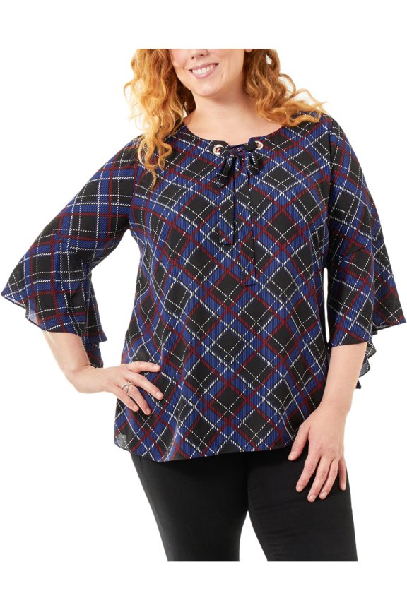 NEW Women's Plus New York Collective Tie Neck Angle Sleeve Top Plaid Size 1X