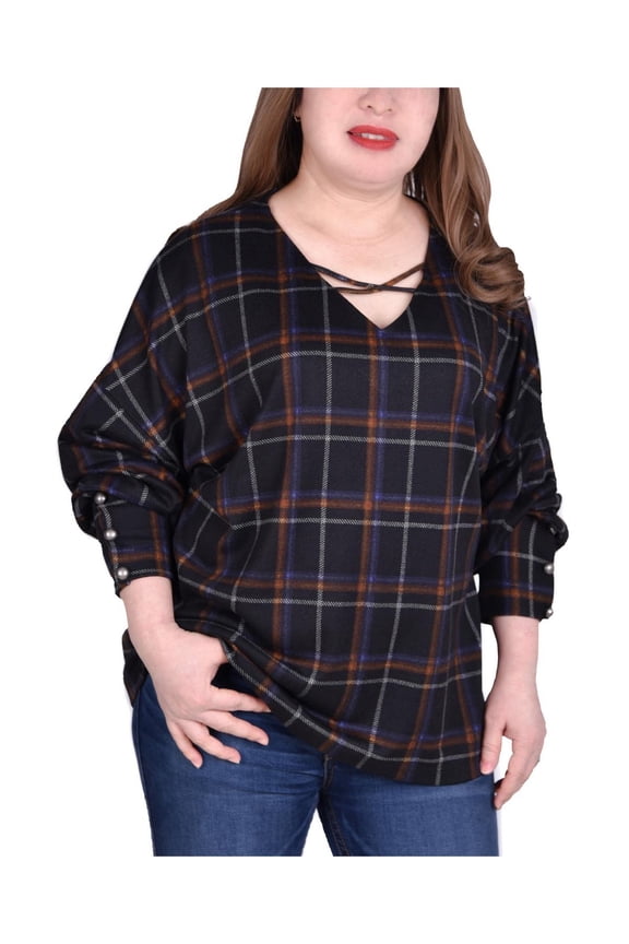 Womens Plus Button Cuffs Caged V-Neck Pullover Top