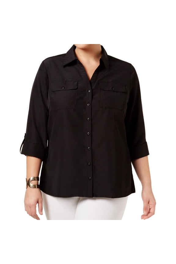 Womens Utility Button Down Blouse, Black, Plus Size, 2X