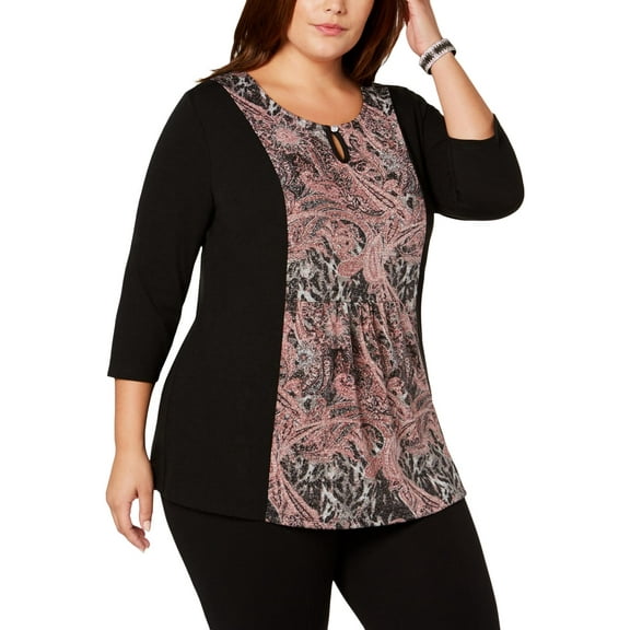 NY Collection Plus Size Scroll Print Top Black 1X