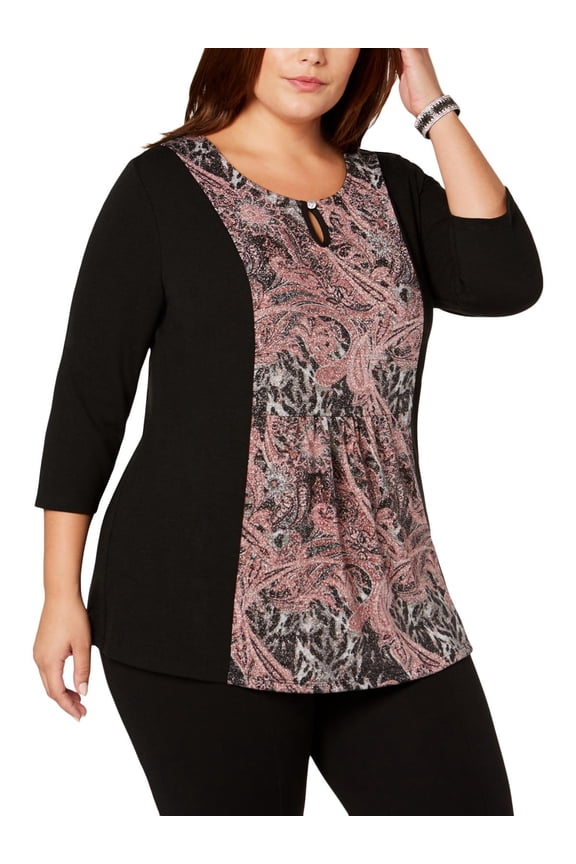 Plus Size Scroll Print Top Black 1X