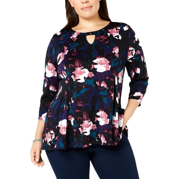 NY Collection Plus Size Embellished Trapeze Top Navy 1X