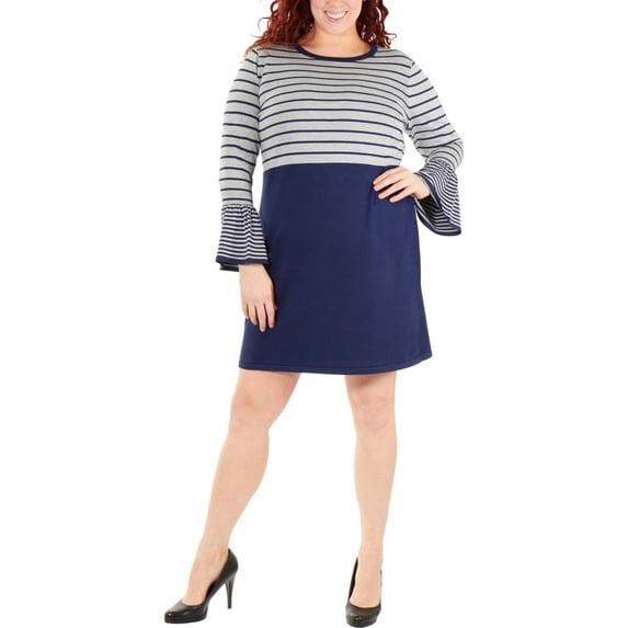 NY Collection Womens Plus Knit Striped Sweaterdress Navy 1X