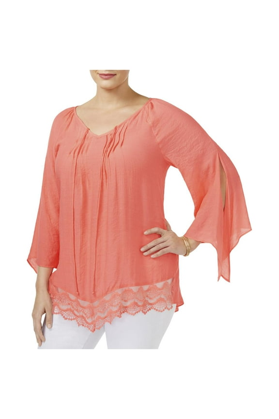 Womens Plus Lace Trim Pintuck Blouse