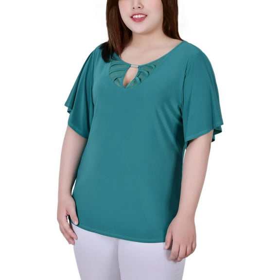 Plus Size Short Flutter Sleeve Knit Top Cadium Green 1X
