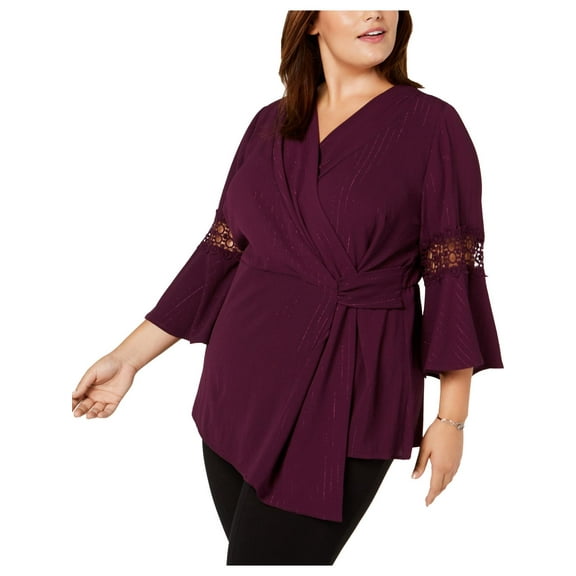 NY Collection Plus Size Faux Wrap V Neck Top Purple 3X