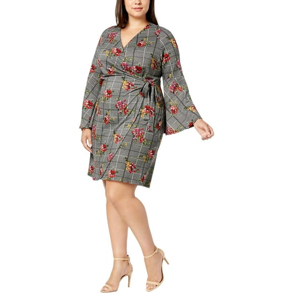 NY Collection Womens Plus Mixed Media Bell Sleeves Wrap Dress