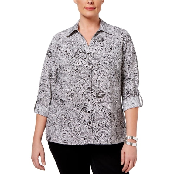 NY Collection Womens Printed Button Up Shirt, White, Plus Size, 2X