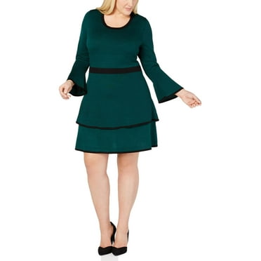 NY Collection Womens Plus Ruffled Tiered Sweaterdress Green 1X