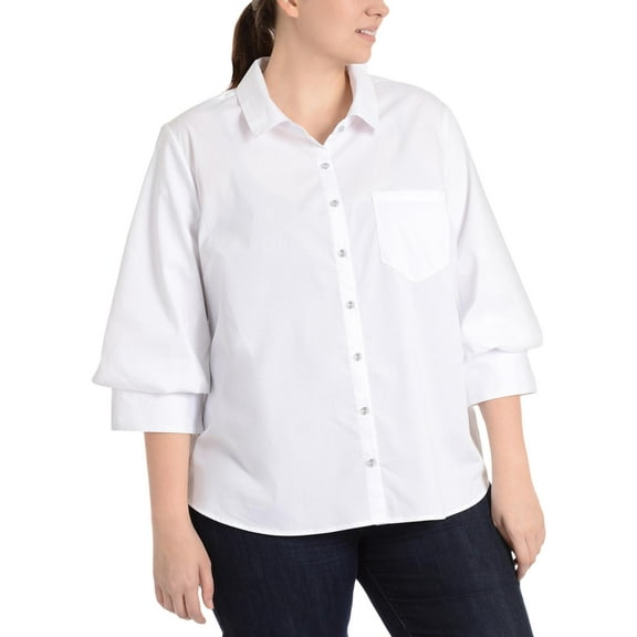 NY Collection Plus Size Blouson Sleeve High Low Hem Blouse White 1X