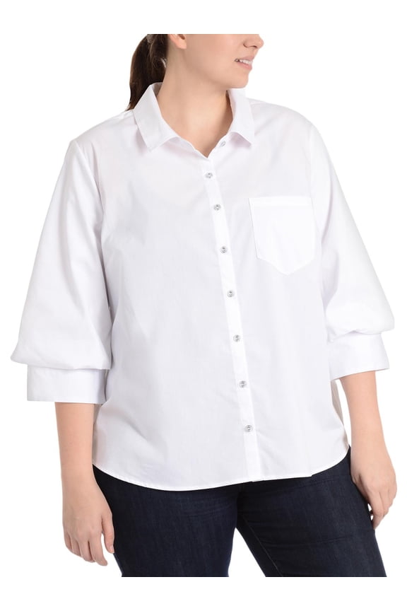 Plus Size Blouson Sleeve High Low Hem Blouse White 1X