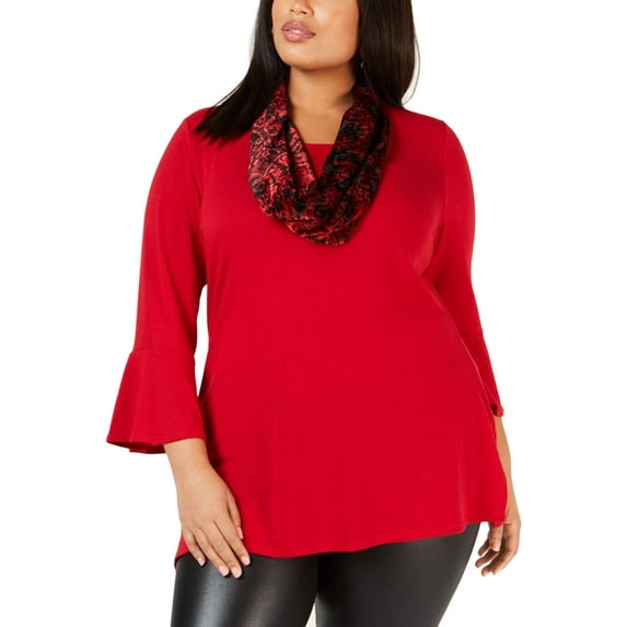 NY Collection Womens Plus Split Hem Scoop Neck Pullover Top