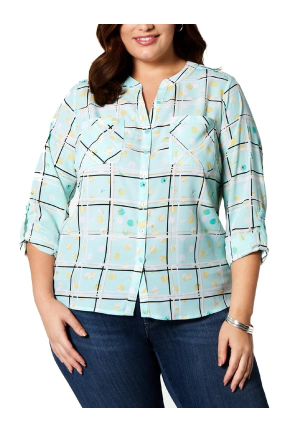 Womens Plus Split Neck Button-Down Blouse Green 1X