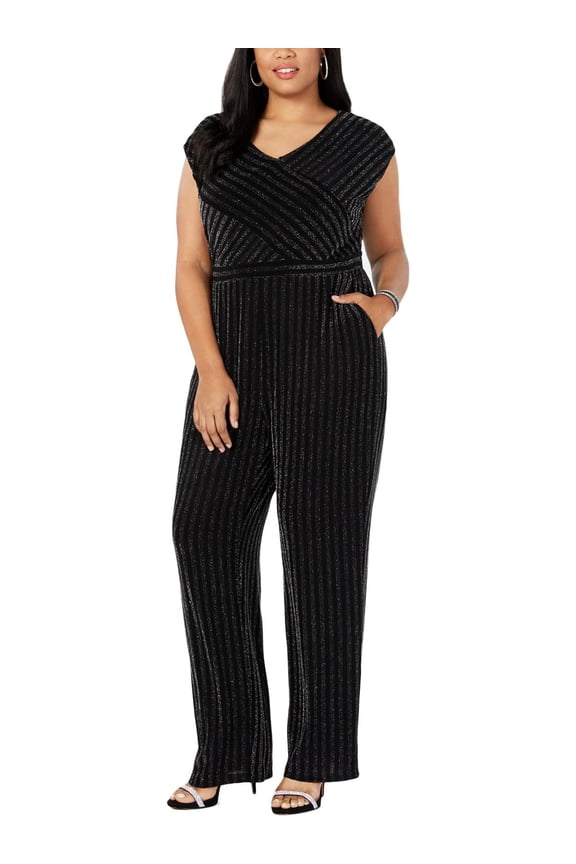 Womens Plus Textured Metallic Jumpsuit Black 3XP