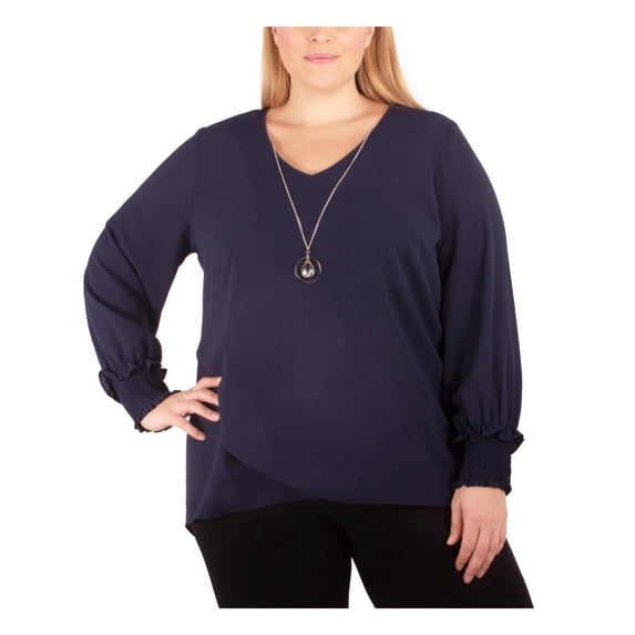 NY Collection Womens Plus V-Neck Long Sleeves Blouse