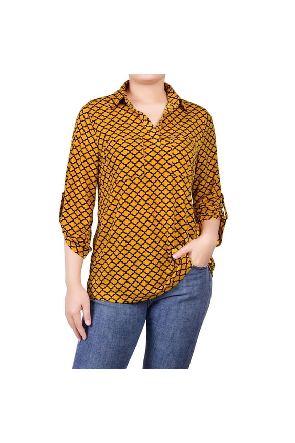 Womens Printed Knit Blouse, Yellow, Petite, P/PS