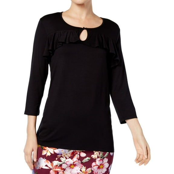 NY Collection Womens Ruffled Keyhole Casual Top Black S