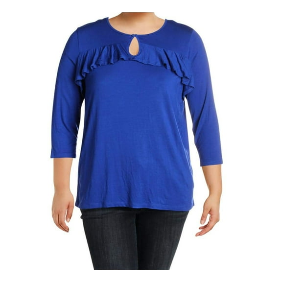 NY Collection Womens Ruffled Keyhole Casual Top Blue XL