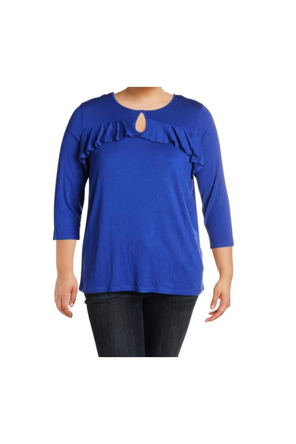 Womens Ruffled Keyhole Casual Top Blue XL