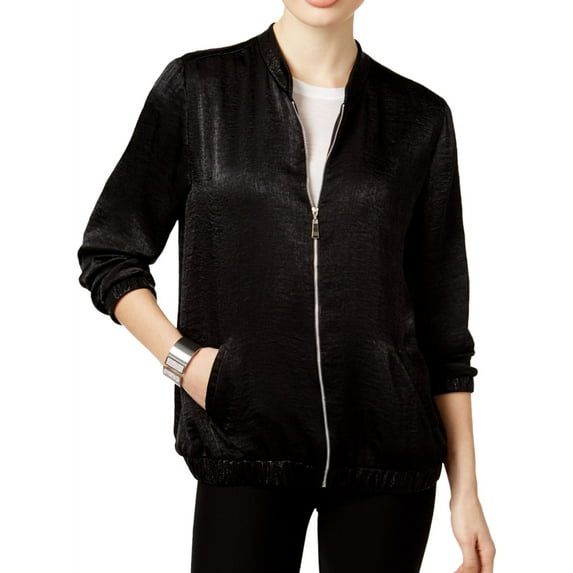NY Collection Womens Textured Satin Bomber Jacket, Black, X-Small