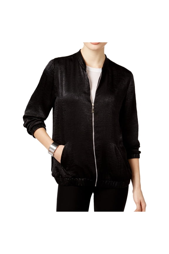 Womens Textured Satin Bomber Jacket, Black, X-Small