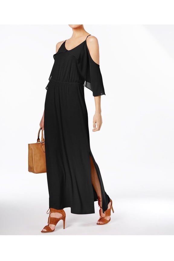 Womens Stretch Black Solid Cold-Shoulder Ruffled Maxi Dress XS