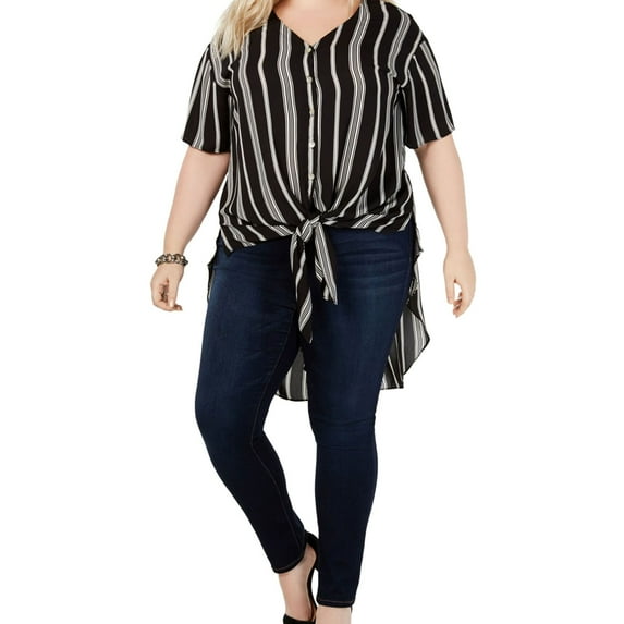 NY Collection Womens Tie-Front Button Down Blouse, Black, Plus Size, 2X