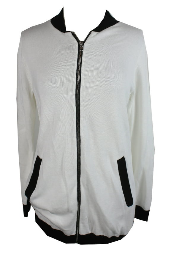 Womens White Black Trim Long Bomber Sweater Jacket XS