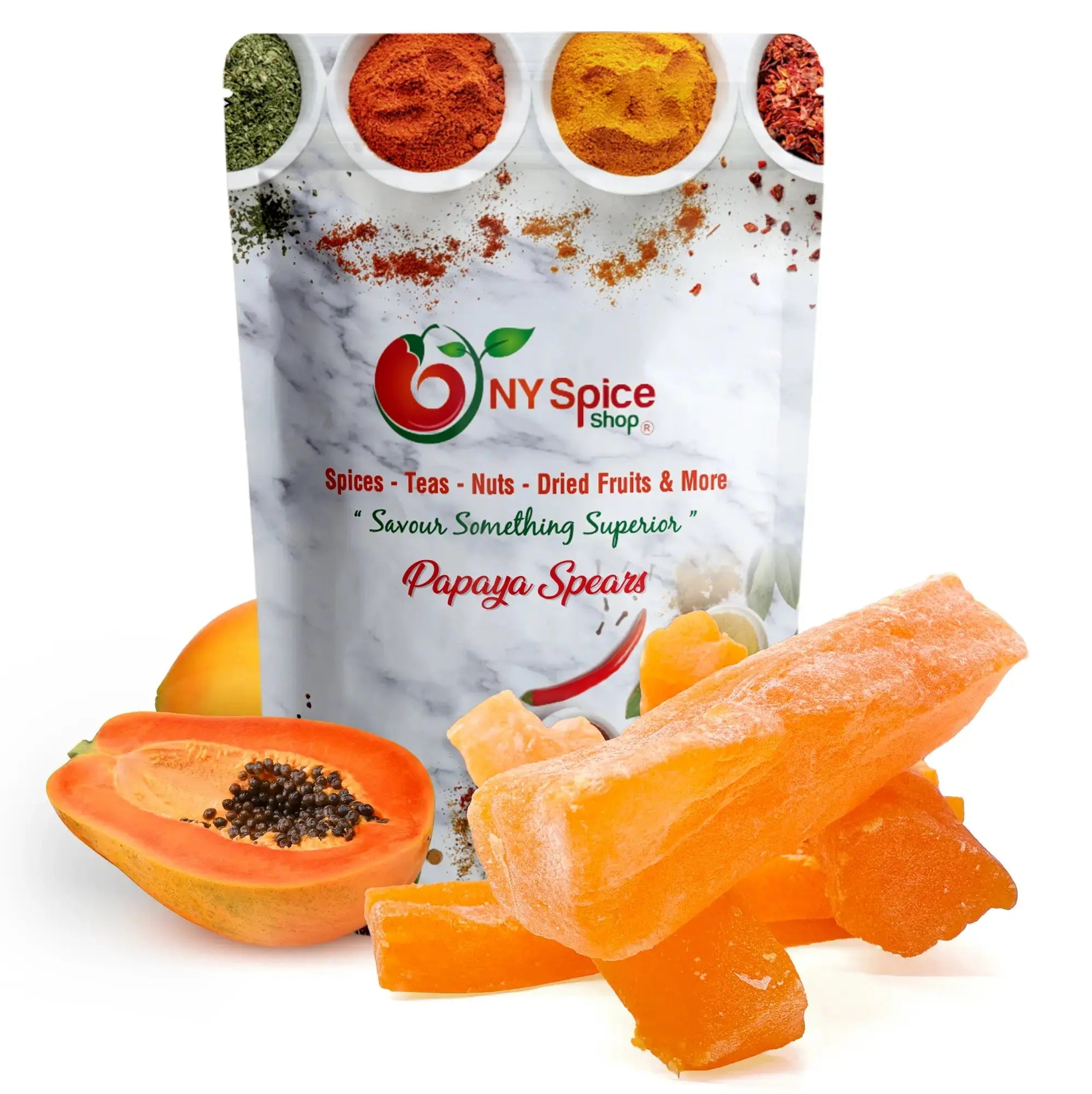 NY SPICE SHOP Dried Papaya Spears - 08 Ounce - Sweet Papaya Strips - Tropical Papaya Spears - Dried Papaya Fruit - Dehydrated Papaya Slices - Tropical Candied Papaya