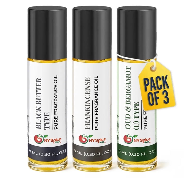 NY SPICE SHOP Mixed Fragrance Oils - 9ml Each - Black Butter, Frankincense, Oud & Bergamot - Aromatic Oil Trio for Layering & Everyday Use