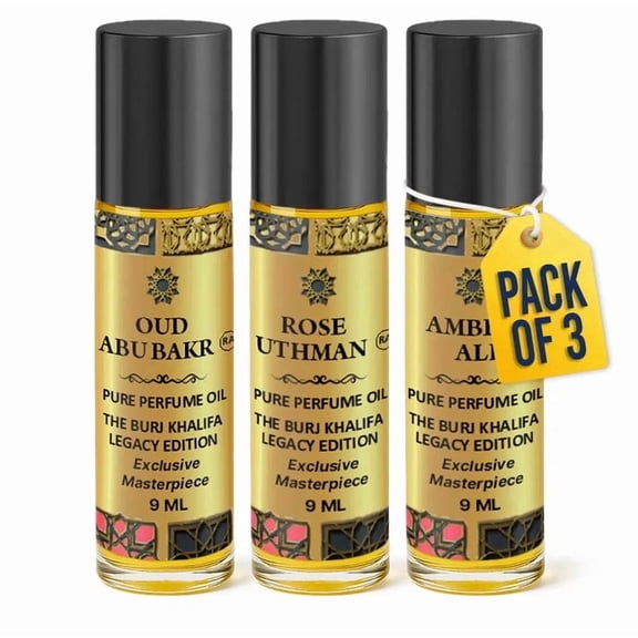 NY SPICE SHOP Mixed Fragrance Oils - 9ml Each - Oud Abu Bakr, Rose Uthman, Amber Ali - Aromatic Oil Trio for Layering & Everyday Use